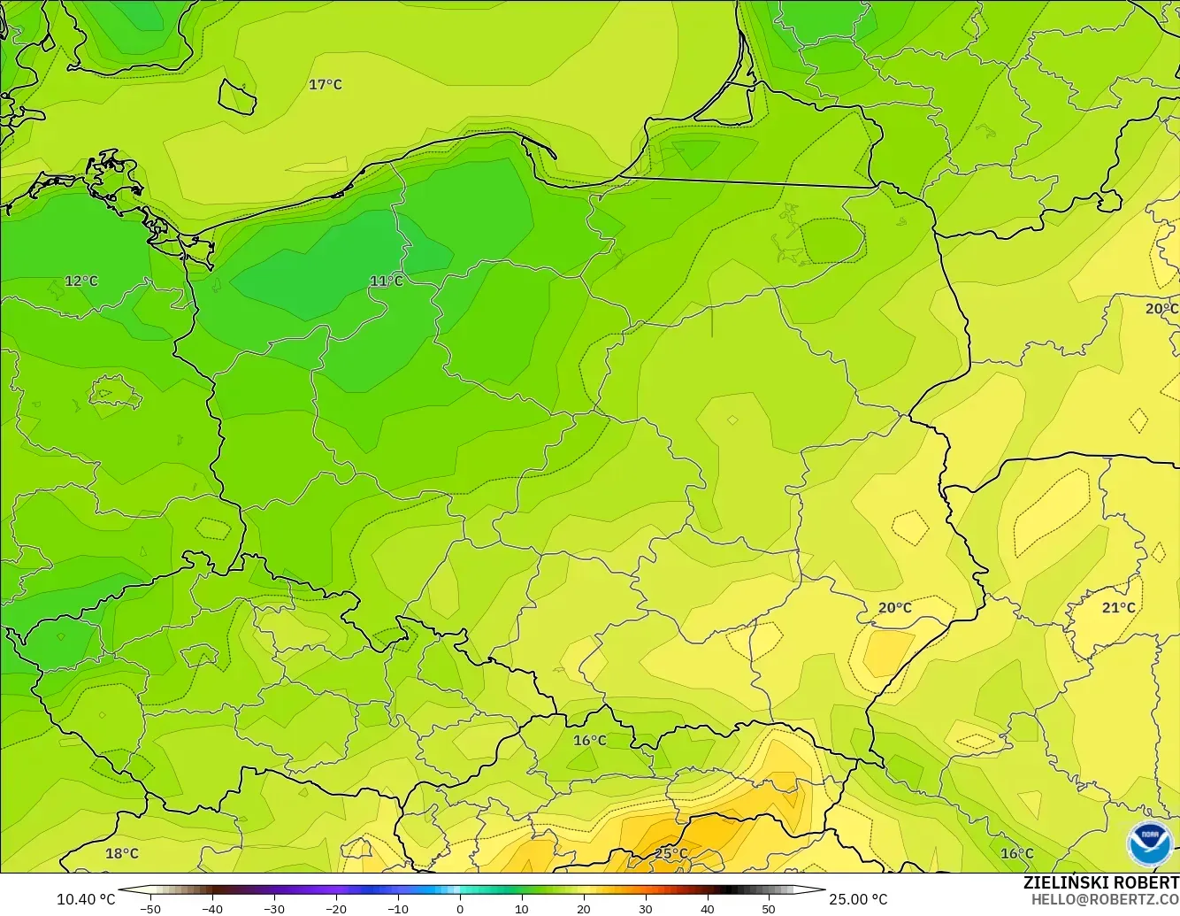 GFS modelo - Polonia, Temperatura a 2 m