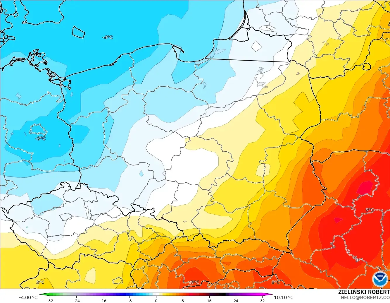 GFS modelo - Polonia, Anomalía de temperatura a 850 hPa