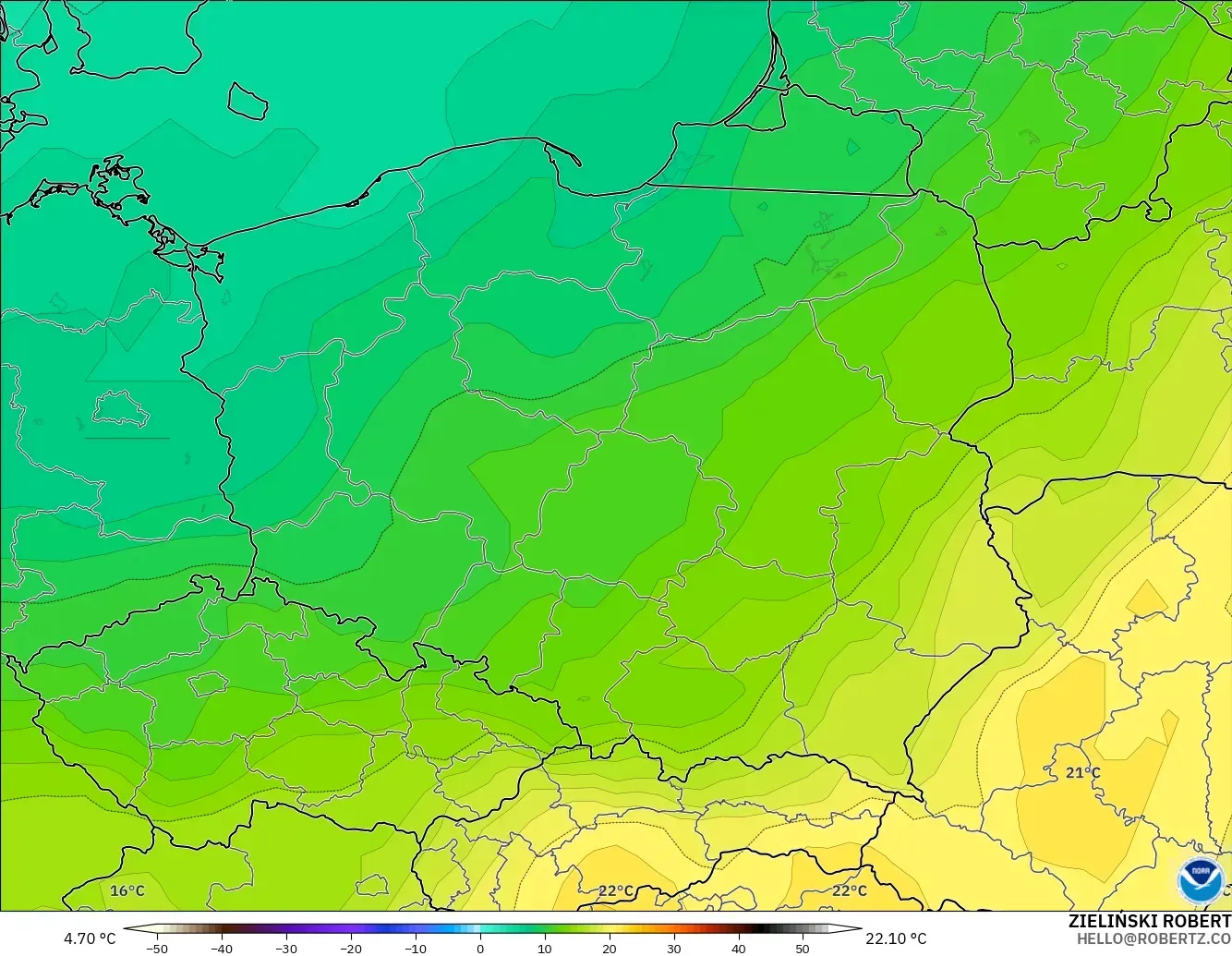 GFS modelo - Polonia, Temperatura a 850 hPa
