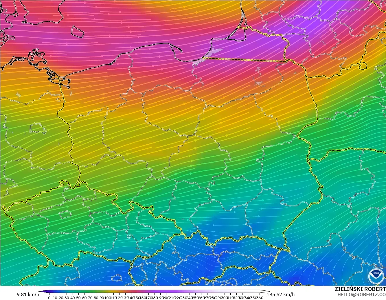GFS modelo - Polonia, Viento a 300 hPa (corriente en chorro)