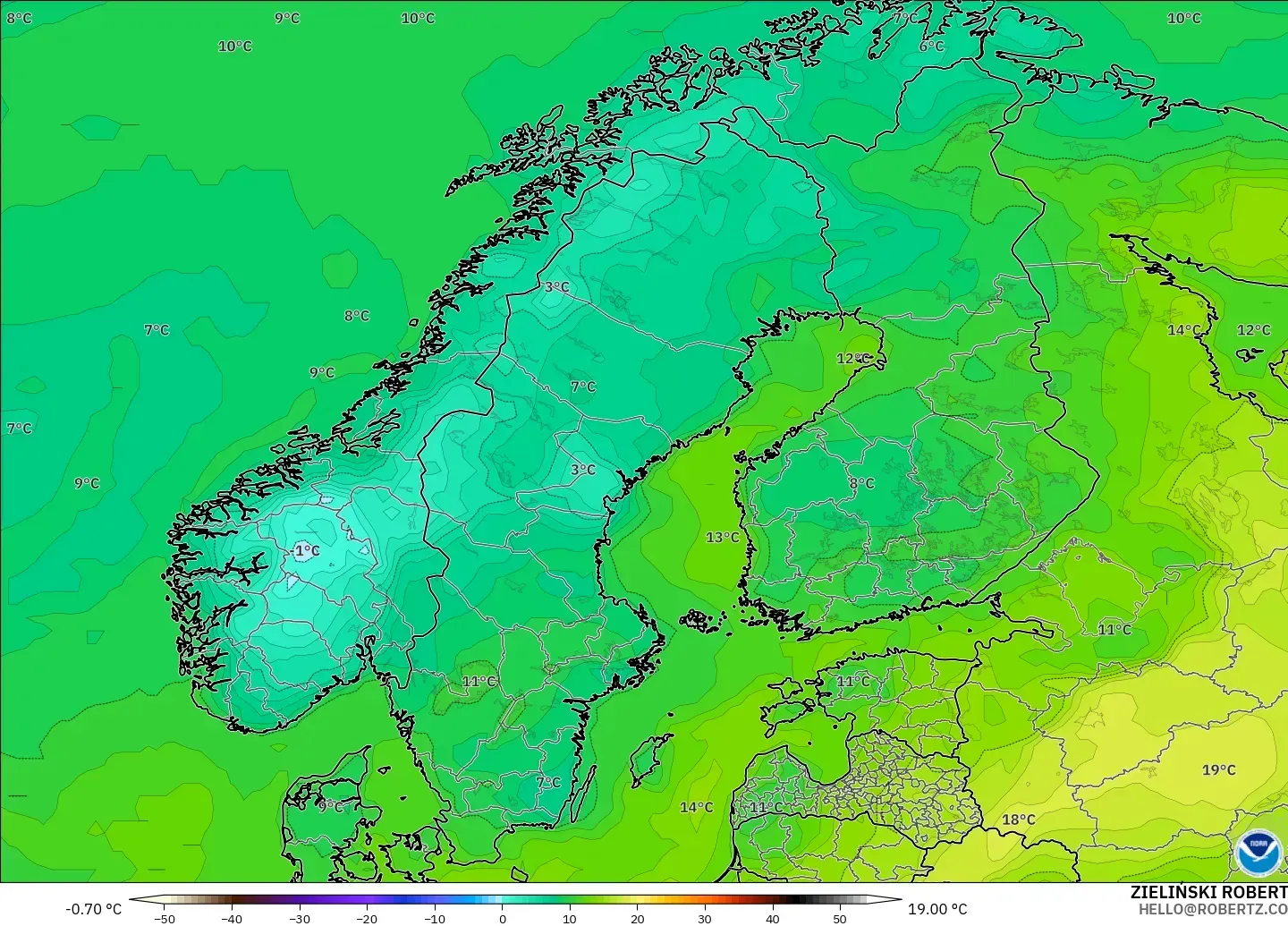 GFS modelo - Escandinavia, Punto de rocío a 2 m