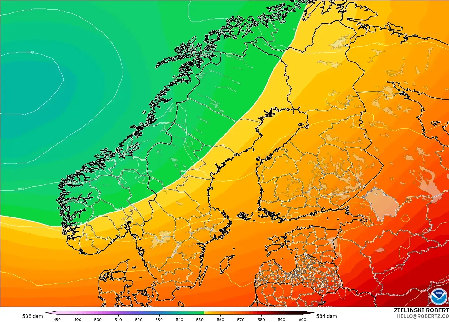 GFS modelo - Escandinavia, Altura geopotencial a 500 hPa