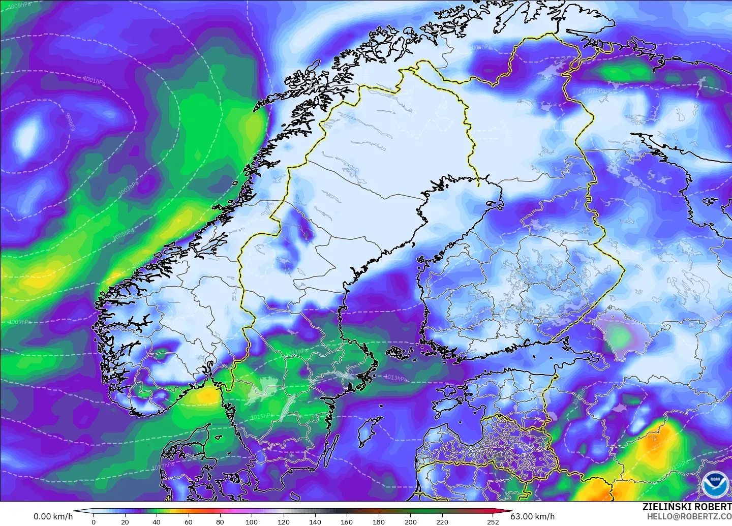 GFS modelo - Escandinavia, Ráfagas de viento