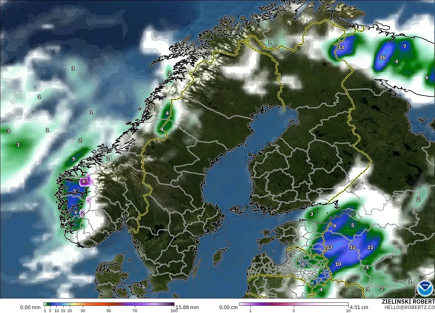 GFS modelo - Escandinavia, Precipitación, nubes y presión