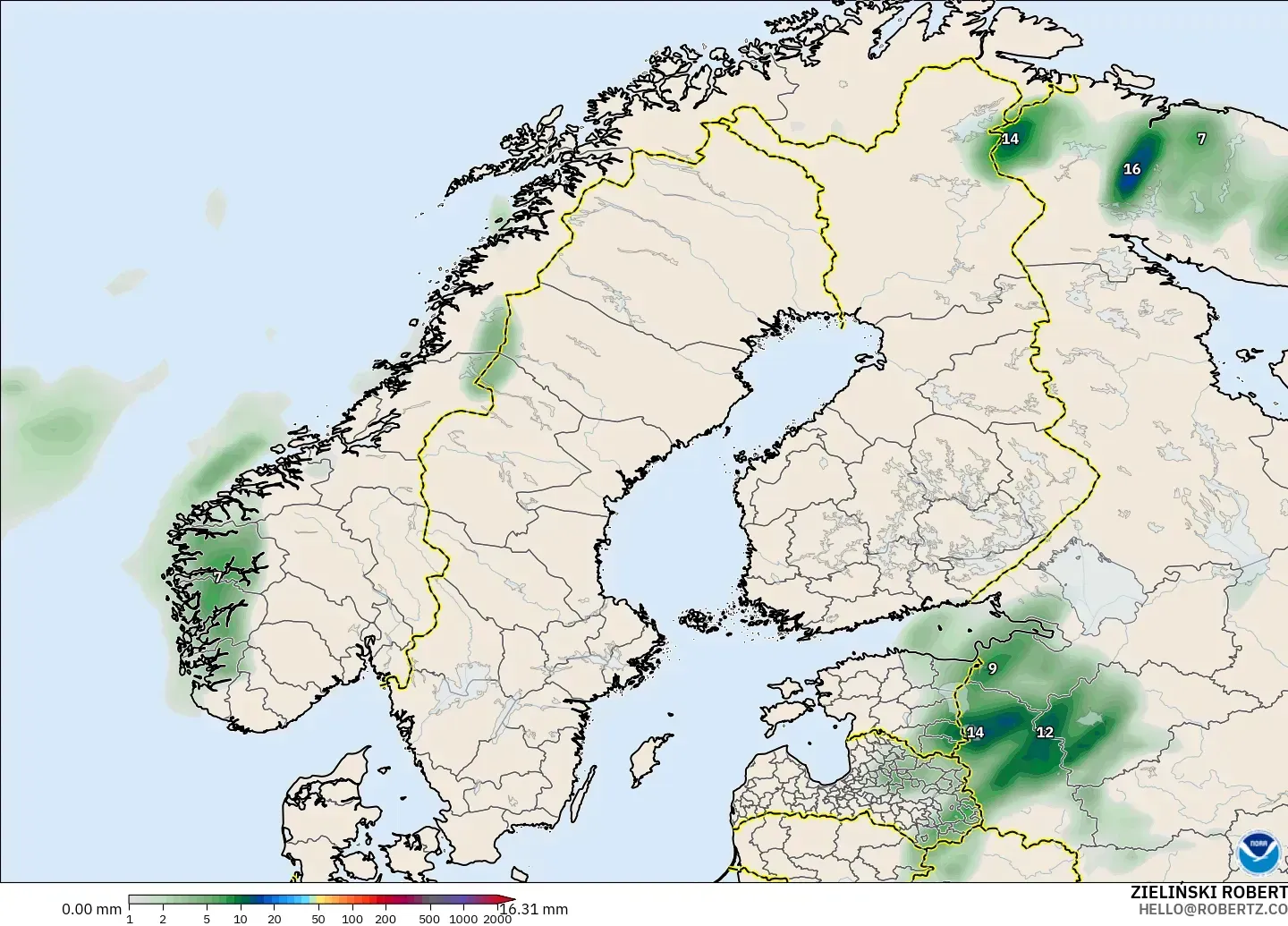 GFS modelo - Escandinavia, Acumulación de precipitación