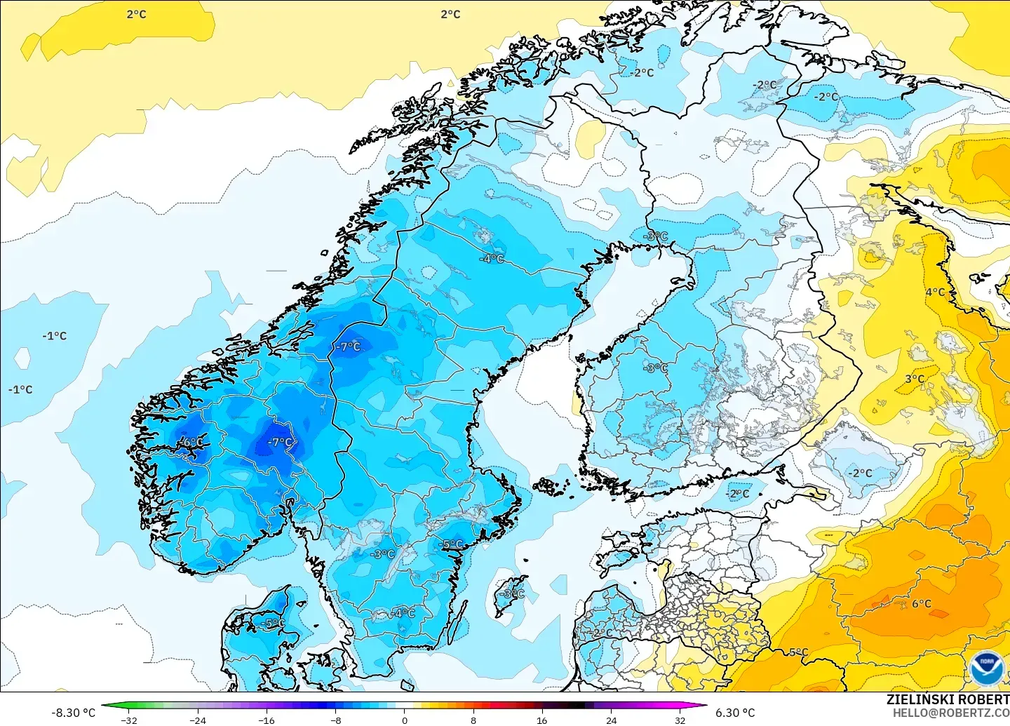 GFS modelo - Escandinavia, Anomalía de temperatura a 2 m