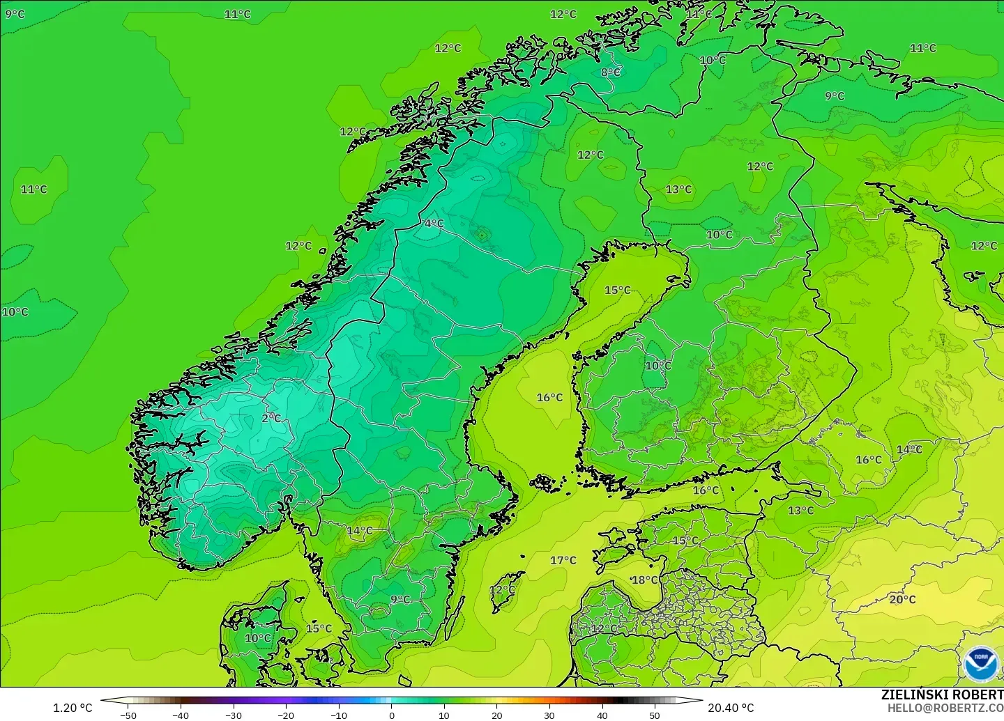 GFS modelo - Escandinavia, Temperatura a 2 m