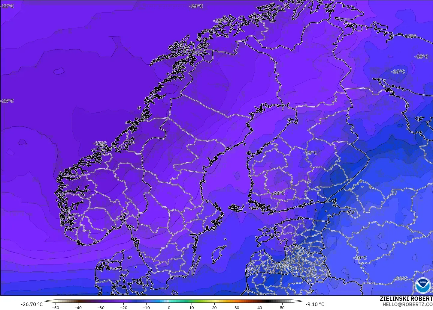 GFS modelo - Escandinavia, Temperatura a 500 hPa