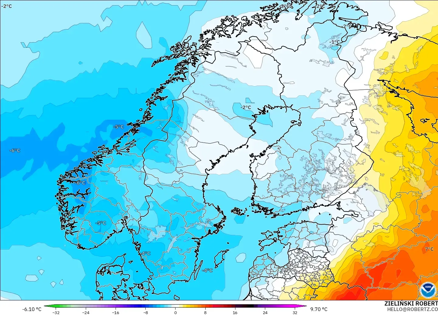 GFS modelo - Escandinavia, Anomalía de temperatura a 850 hPa
