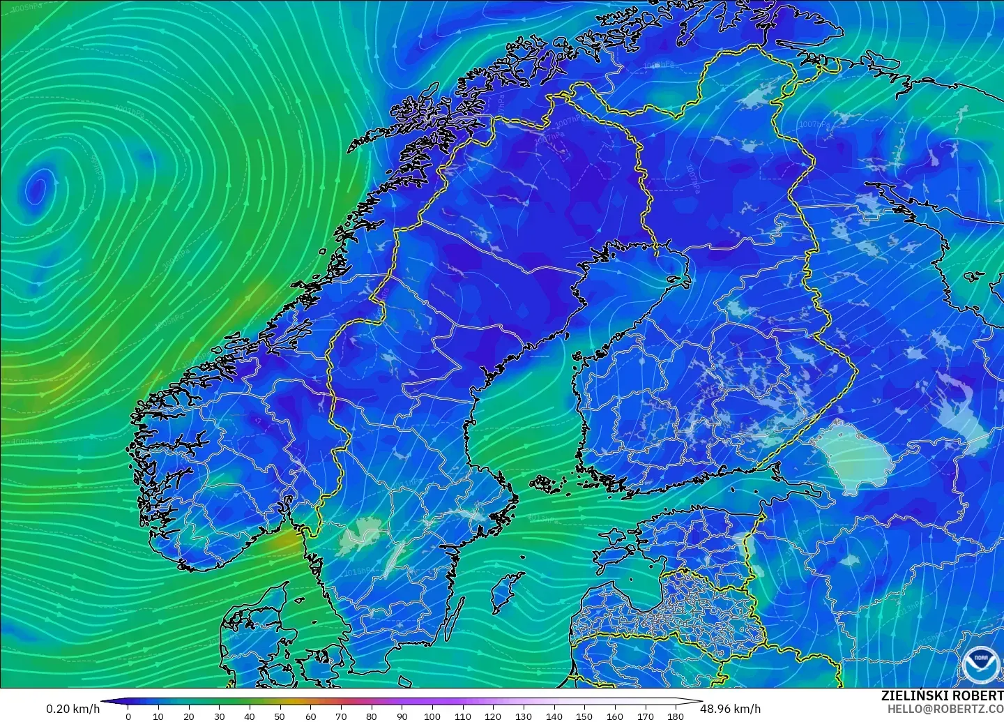 GFS modelo - Escandinavia, Viento a 10 m