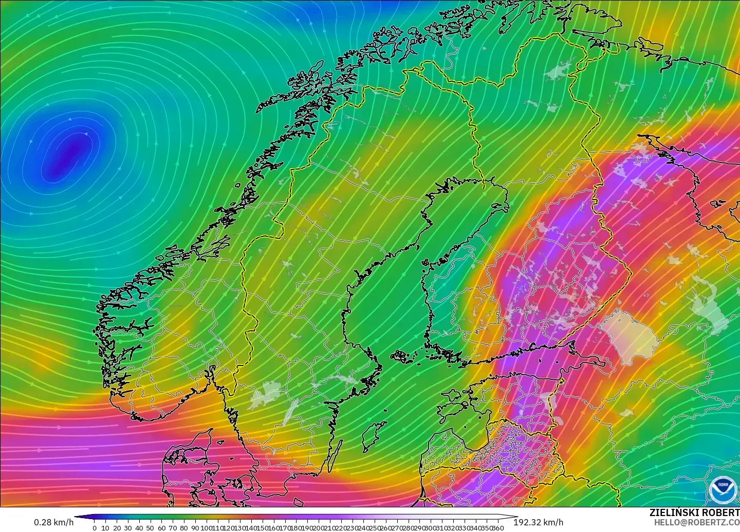 GFS modelo - Escandinavia, Viento a 300 hPa (corriente en chorro)