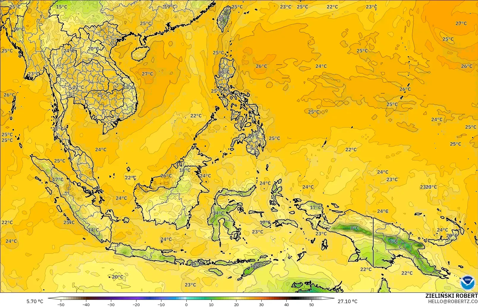GFS modelo - Sudeste Asiático, Punto de rocío a 2 m