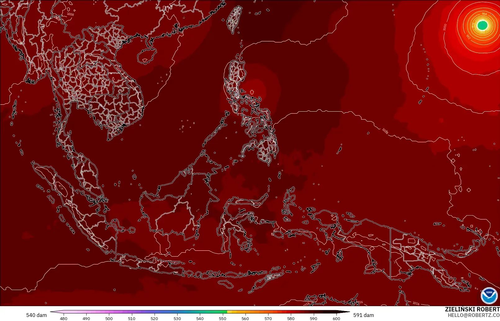 GFS modelo - Sudeste Asiático, Altura geopotencial a 500 hPa