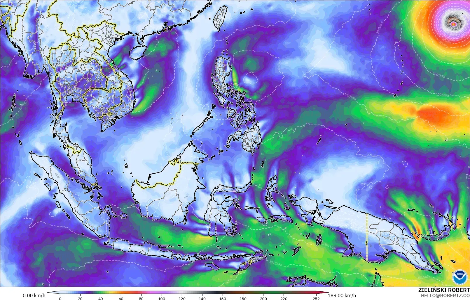GFS modelo - Sudeste Asiático, Ráfagas de Viento Máximas