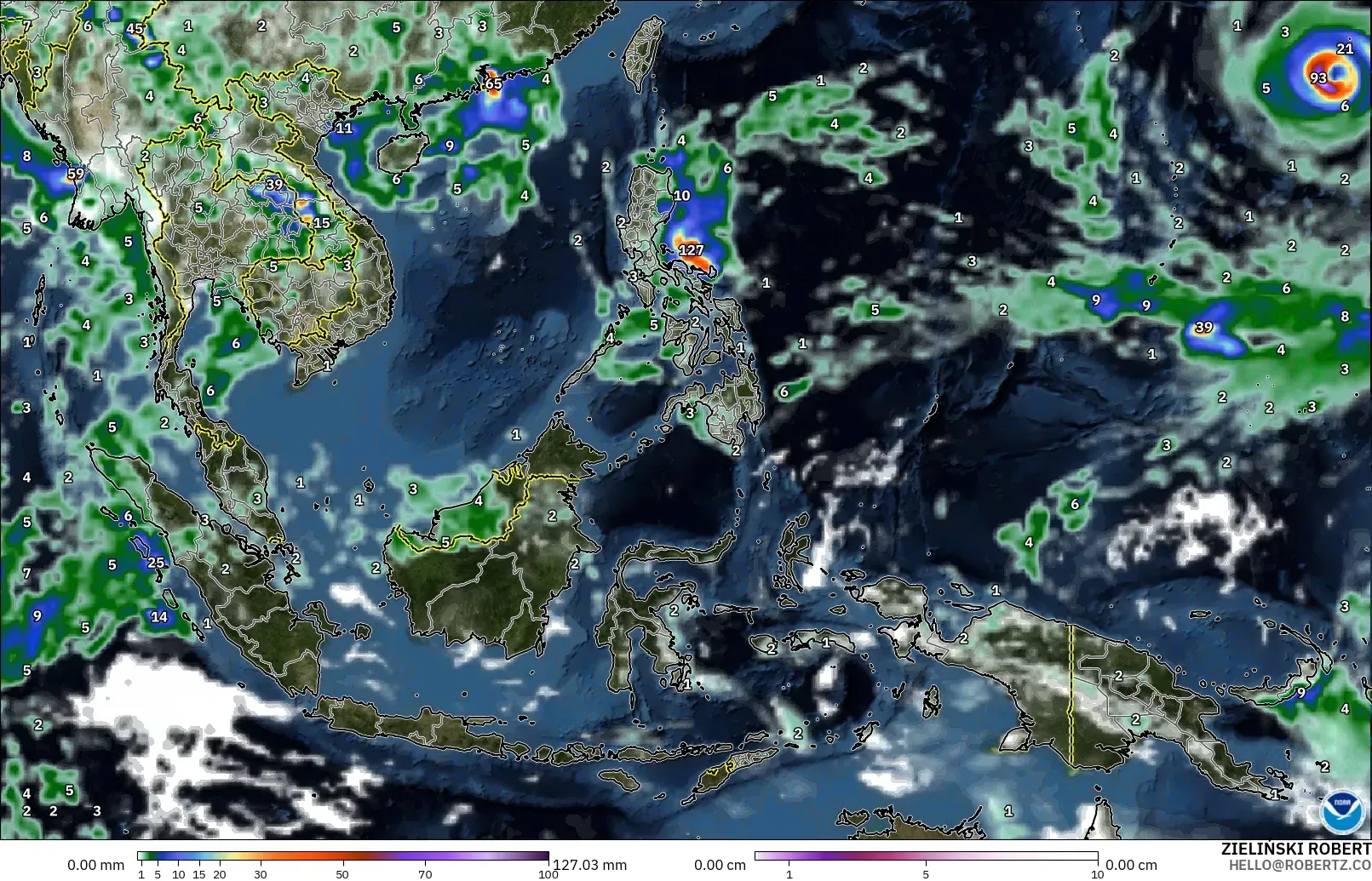GFS modelo - Sudeste Asiático, Precipitación, nubes y presión