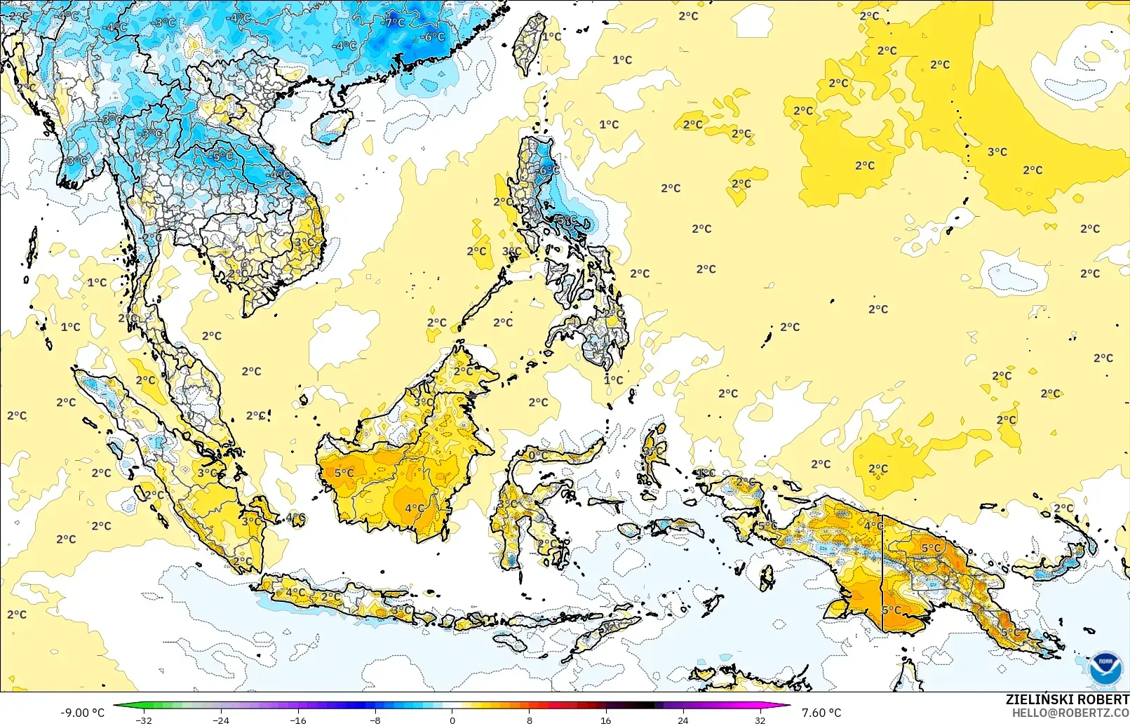 GFS modelo - Sudeste Asiático, Anomalía de temperatura a 2 m