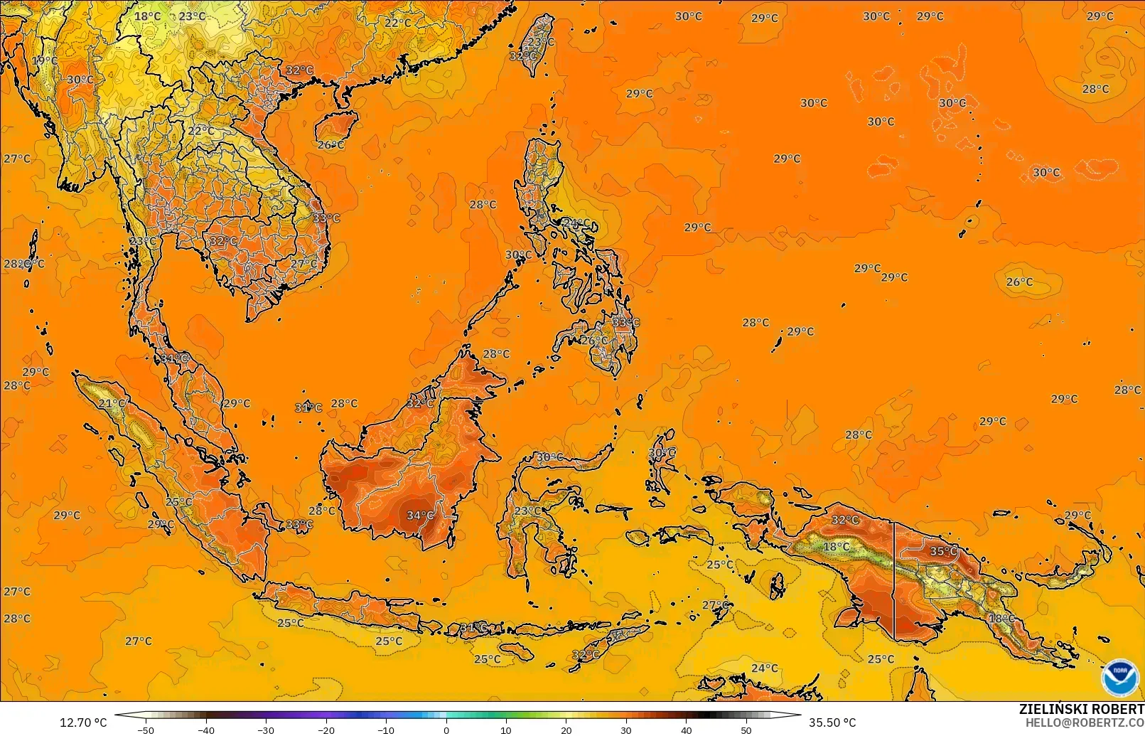 GFS modelo - Sudeste Asiático, Temperatura a 2 m
