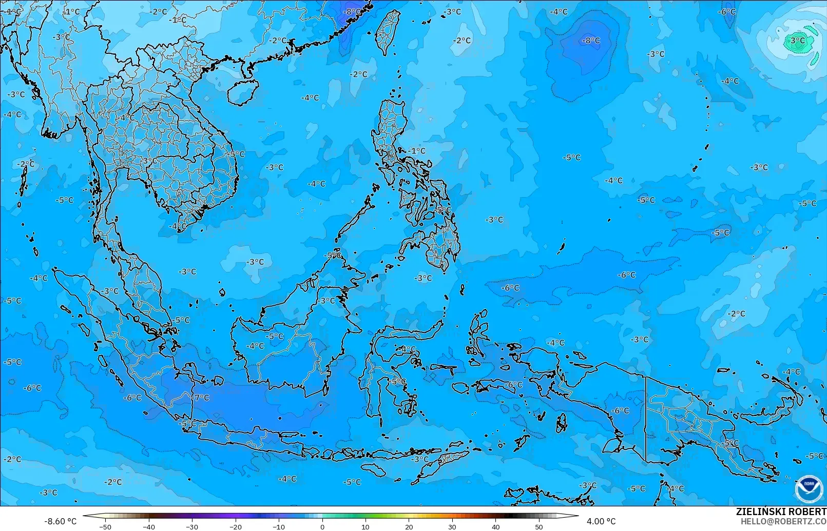 GFS modelo - Sudeste Asiático, Temperatura a 500 hPa
