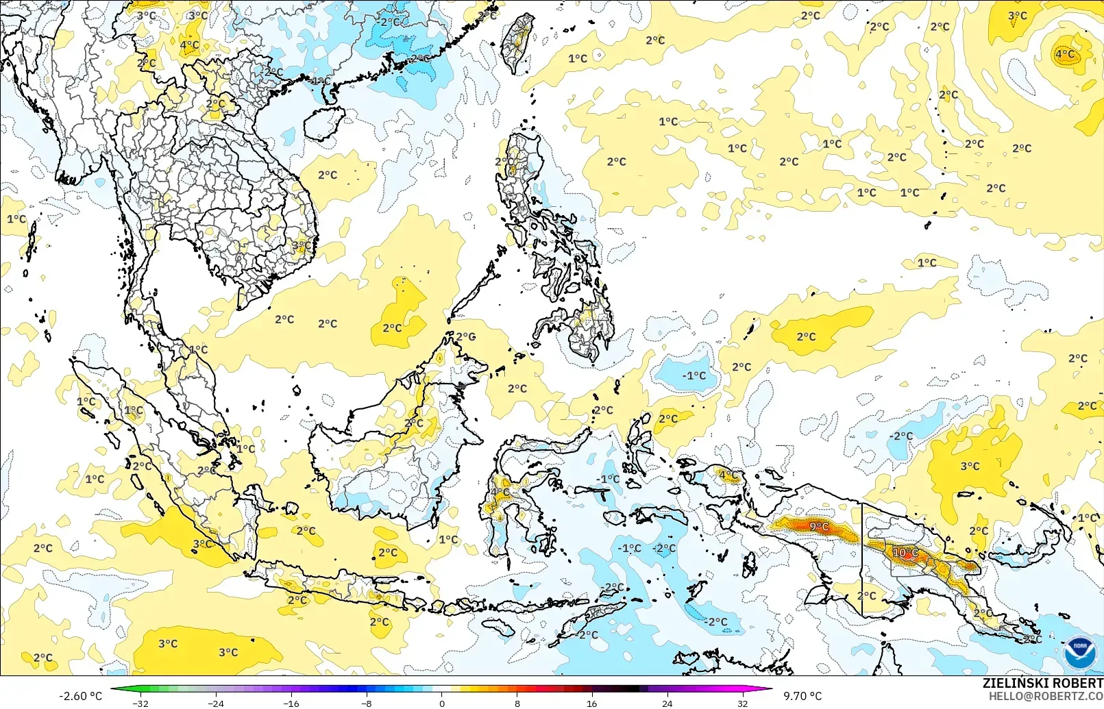 GFS modelo - Sudeste Asiático, Anomalía de temperatura a 850 hPa