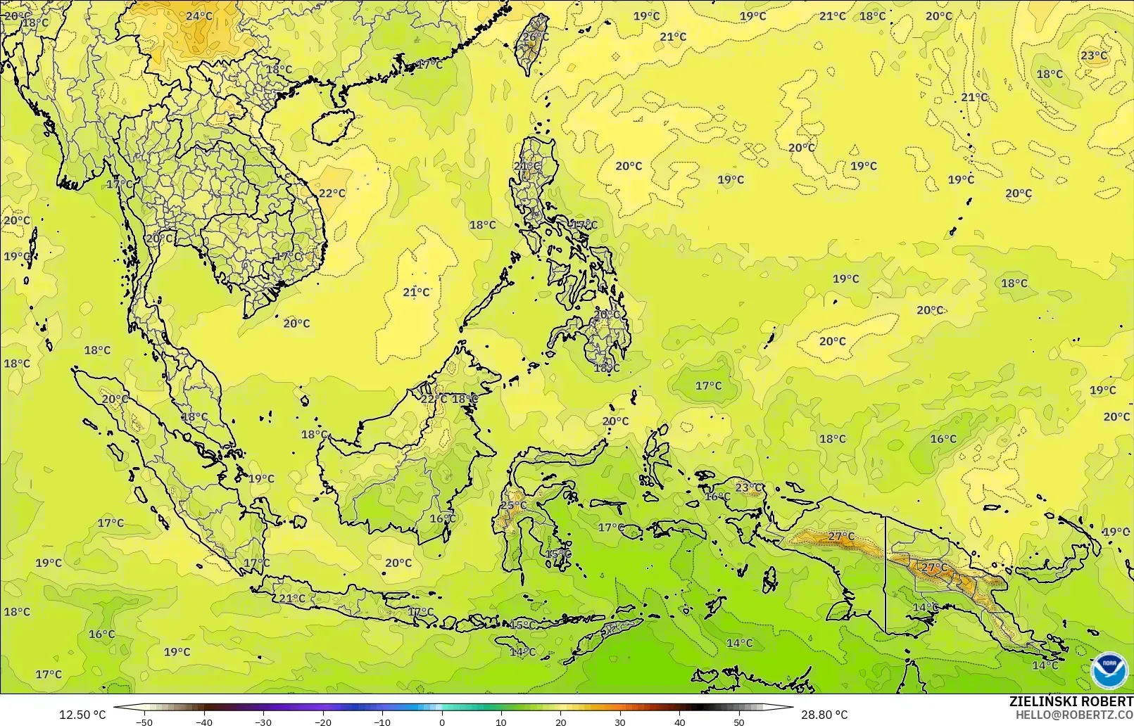 GFS modelo - Sudeste Asiático, Temperatura a 850 hPa