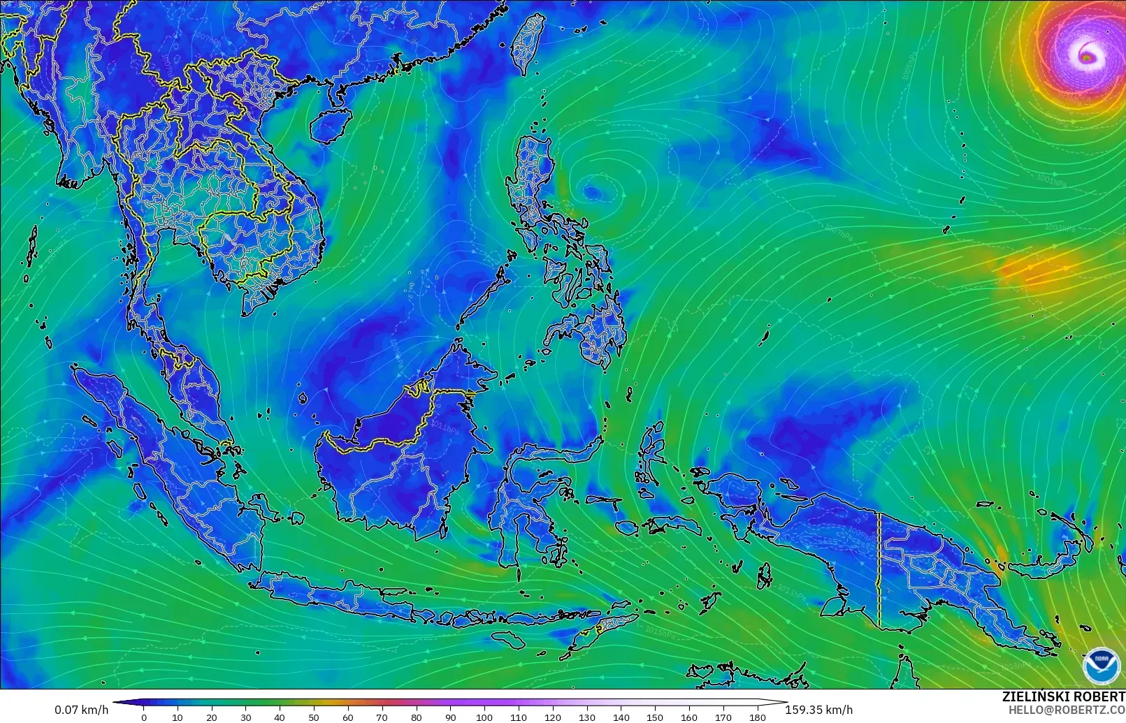 GFS modelo - Sudeste Asiático, Viento a 10 m