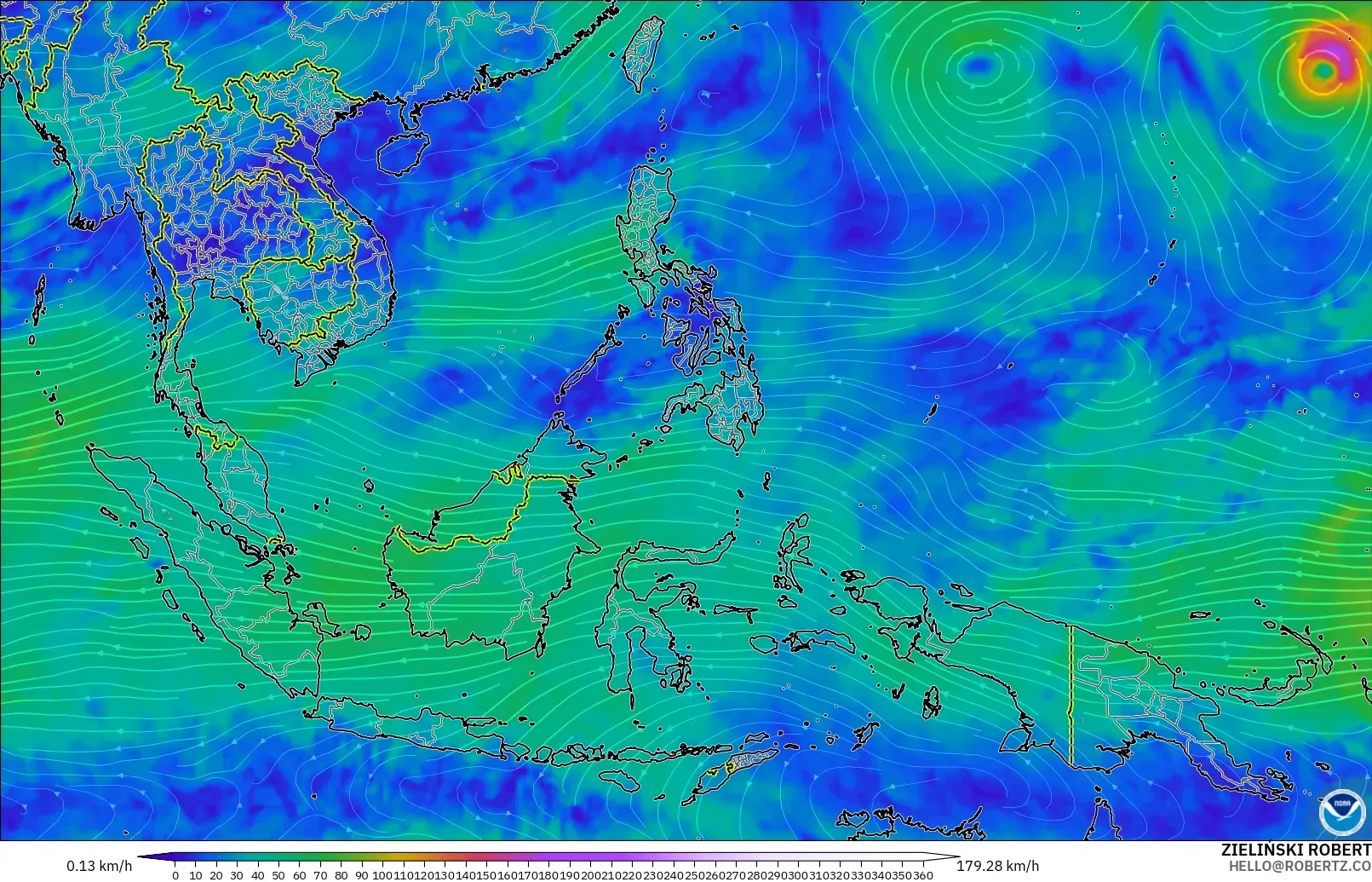 GFS modelo - Sudeste Asiático, Viento a 300 hPa (corriente en chorro)