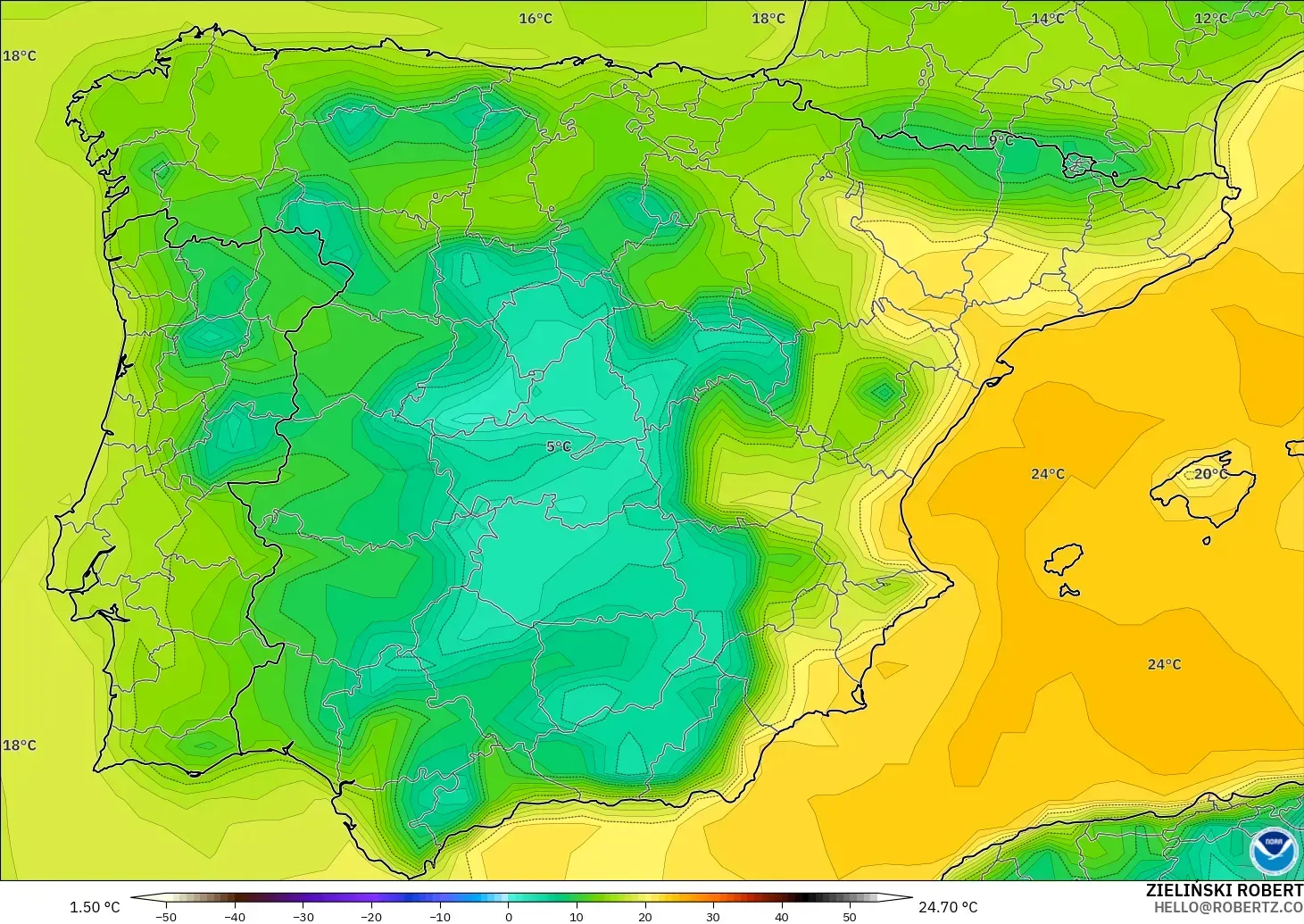 GFS modelo - España, Punto de rocío a 2 m
