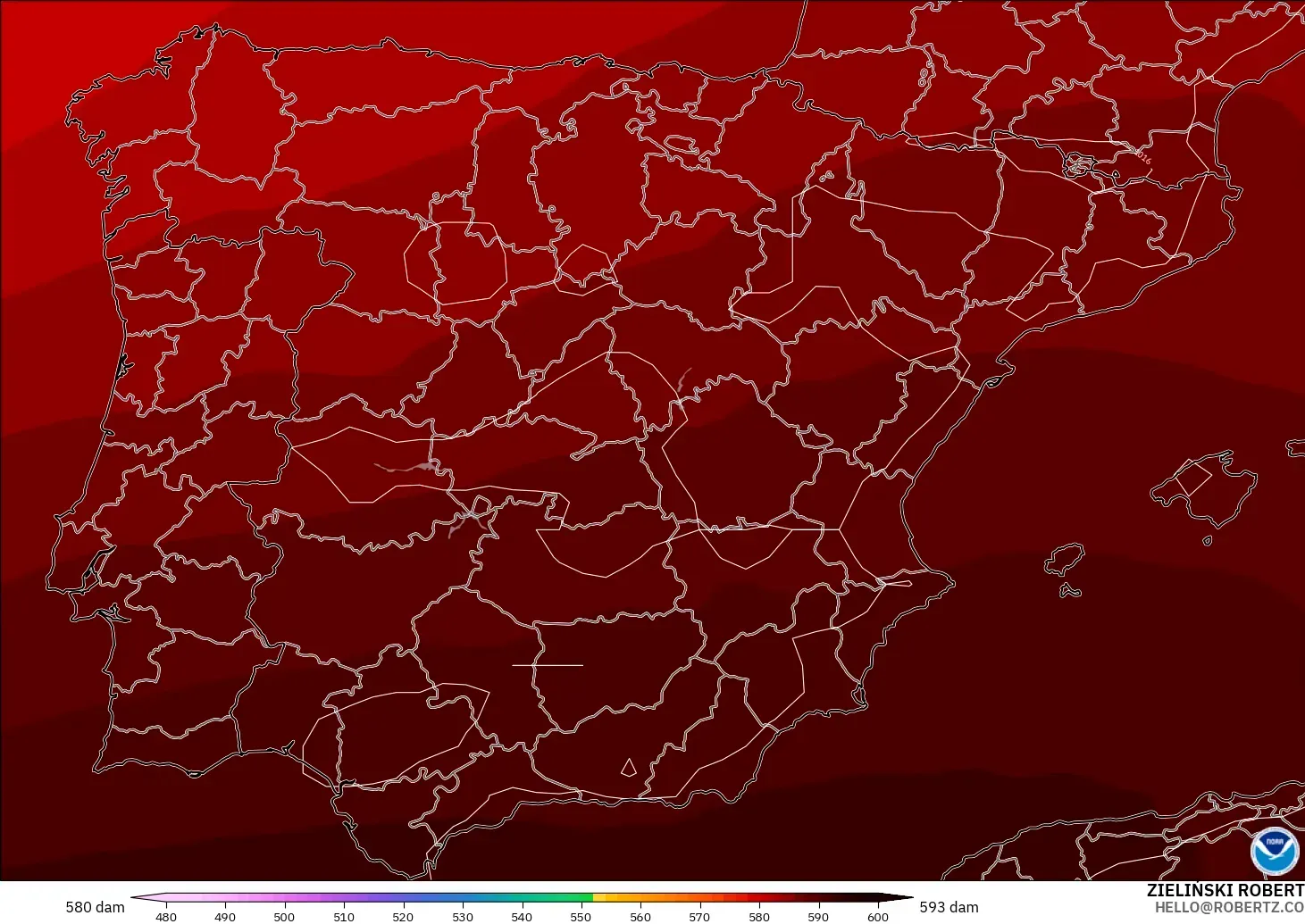 GFS modelo - España, Altura geopotencial a 500 hPa