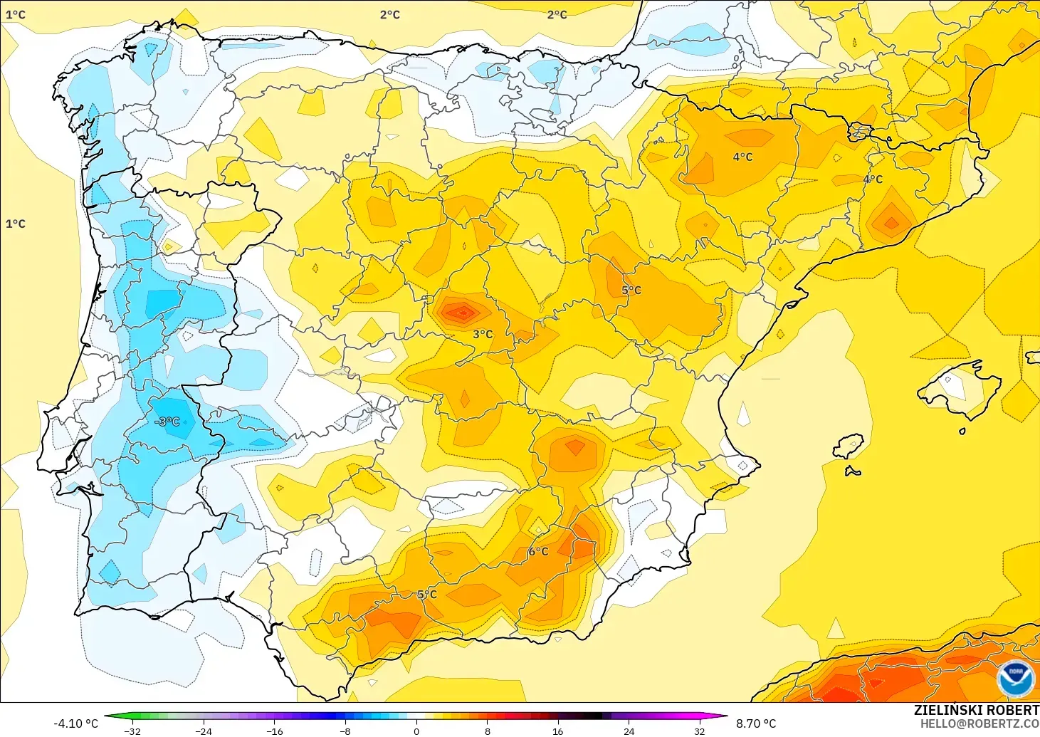 GFS modelo - España, Anomalía de temperatura a 2 m