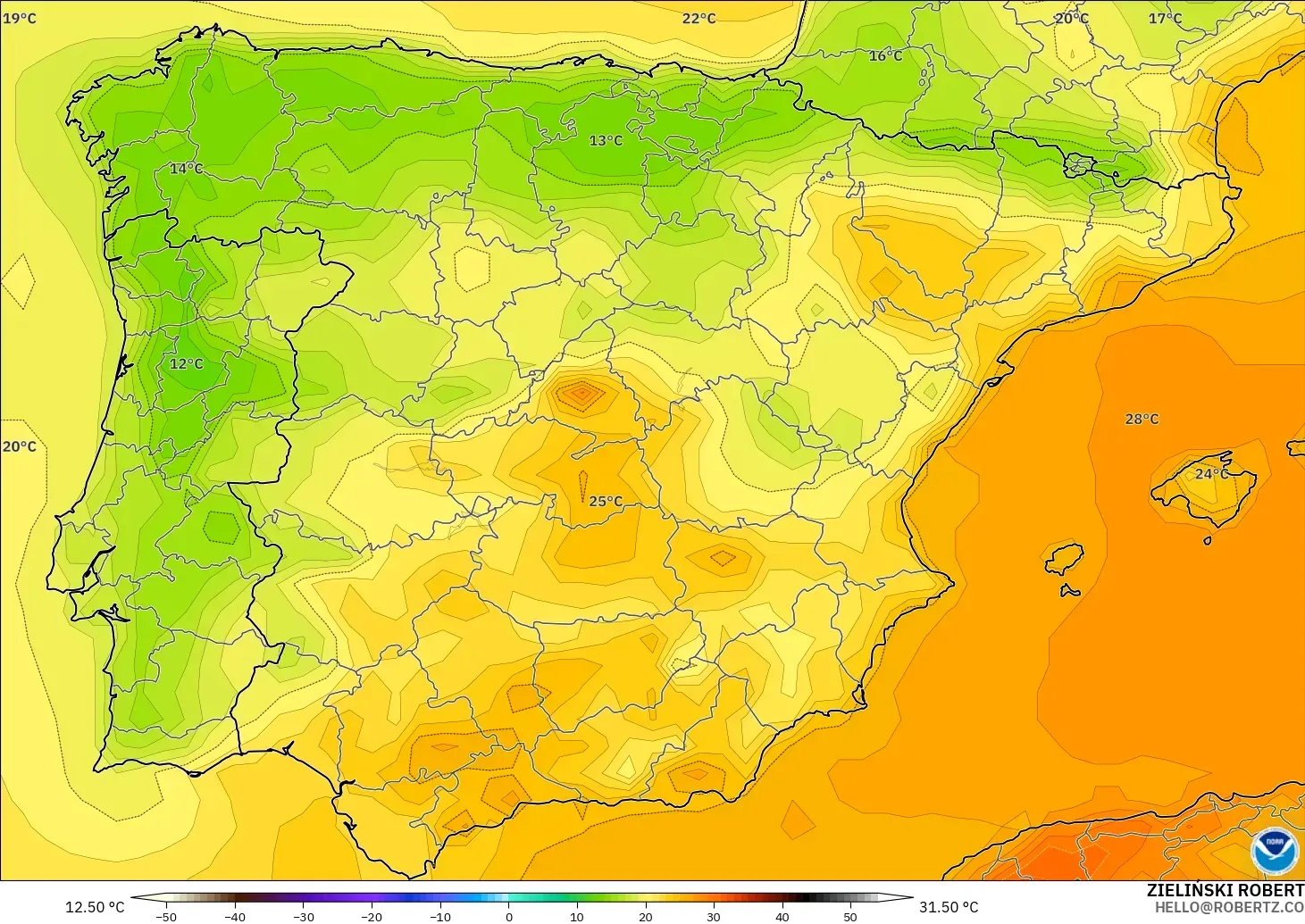 GFS modelo - España, Temperatura a 2 m