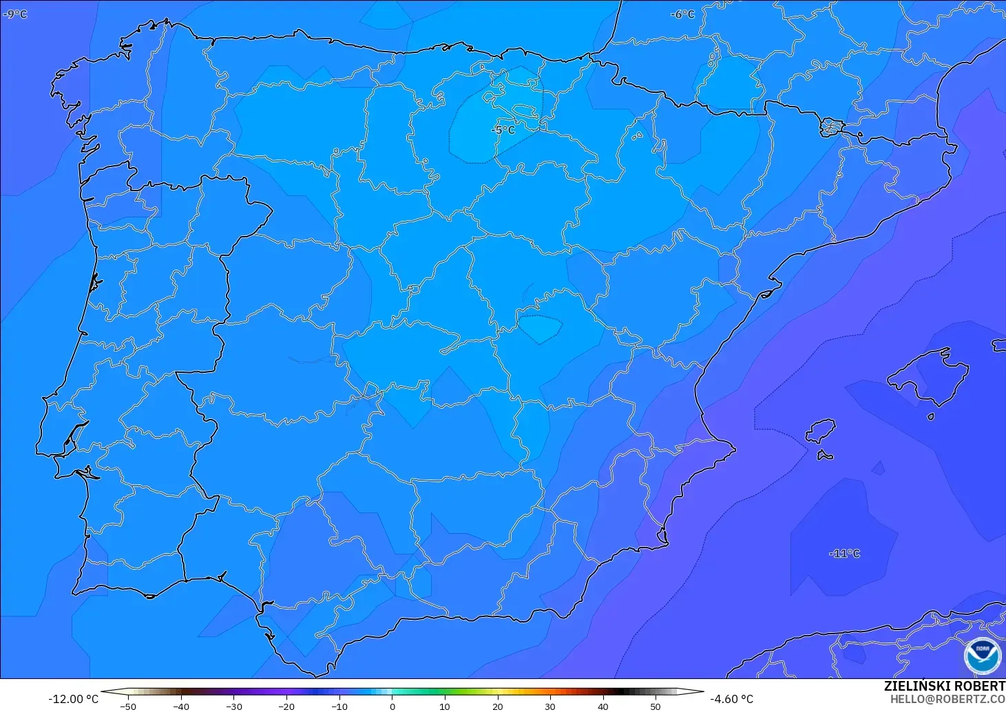 GFS modelo - España, Temperatura a 500 hPa