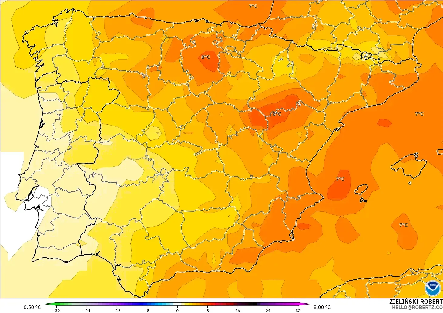 GFS modelo - España, Anomalía de temperatura a 850 hPa