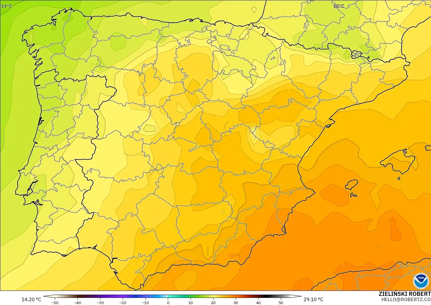 GFS modelo - España, Temperatura a 850 hPa