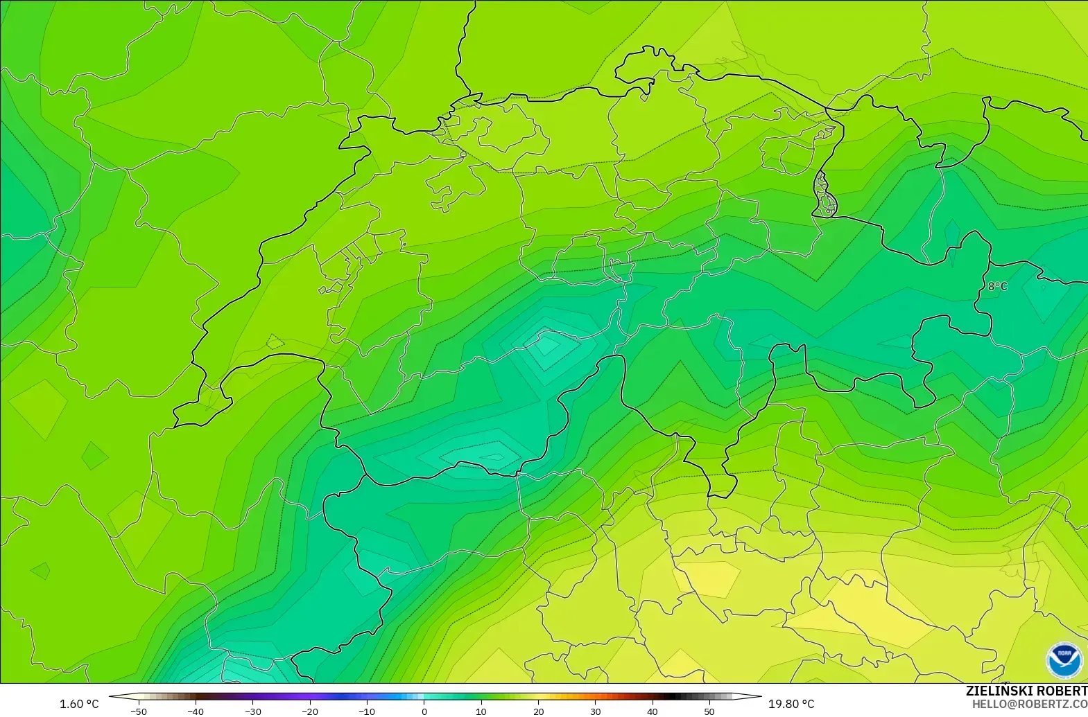 GFS modelo - Suiza, Punto de rocío a 2 m