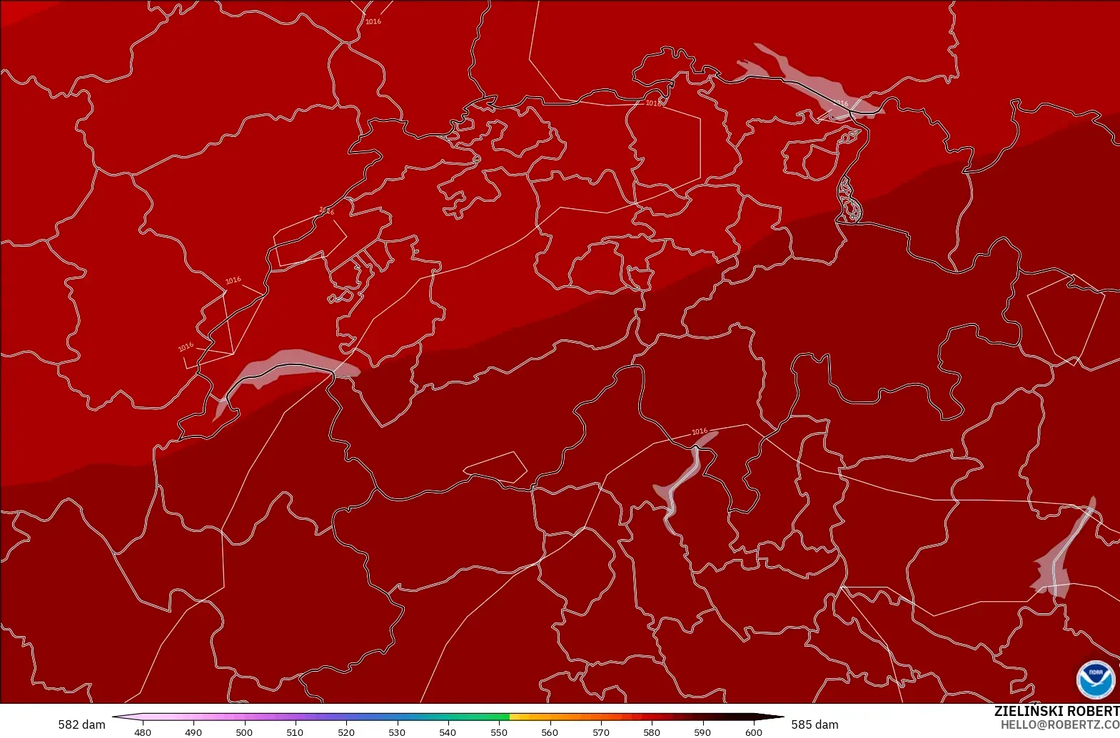 GFS modelo - Suiza, Altura geopotencial a 500 hPa