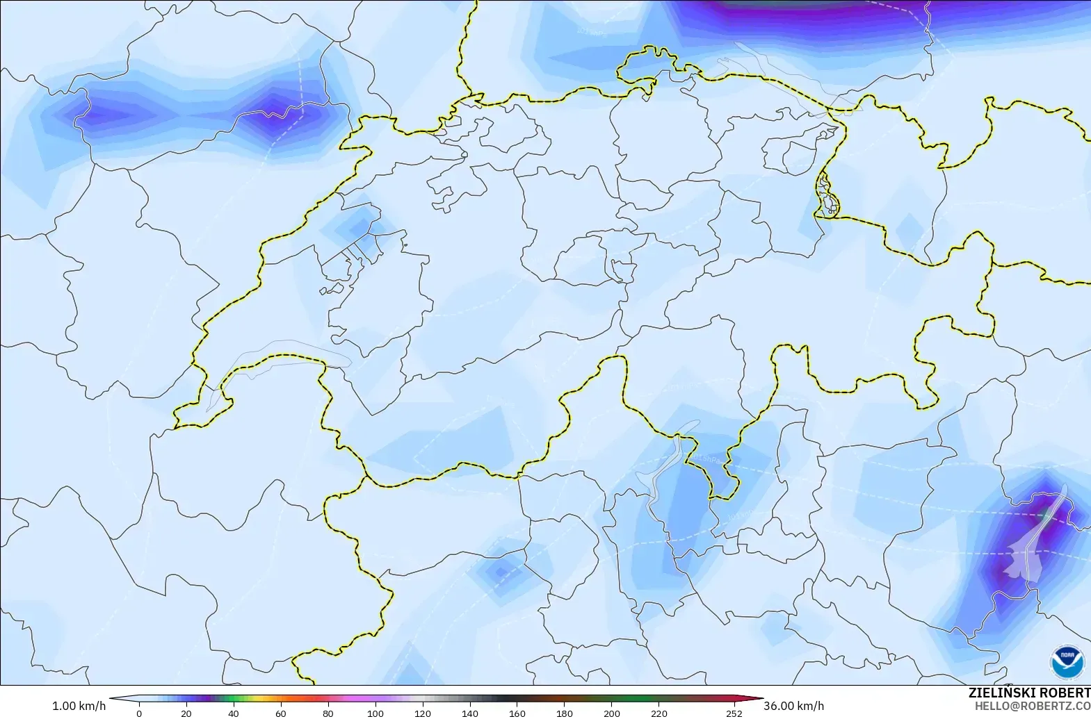 GFS modelo - Suiza, Ráfagas de Viento Máximas