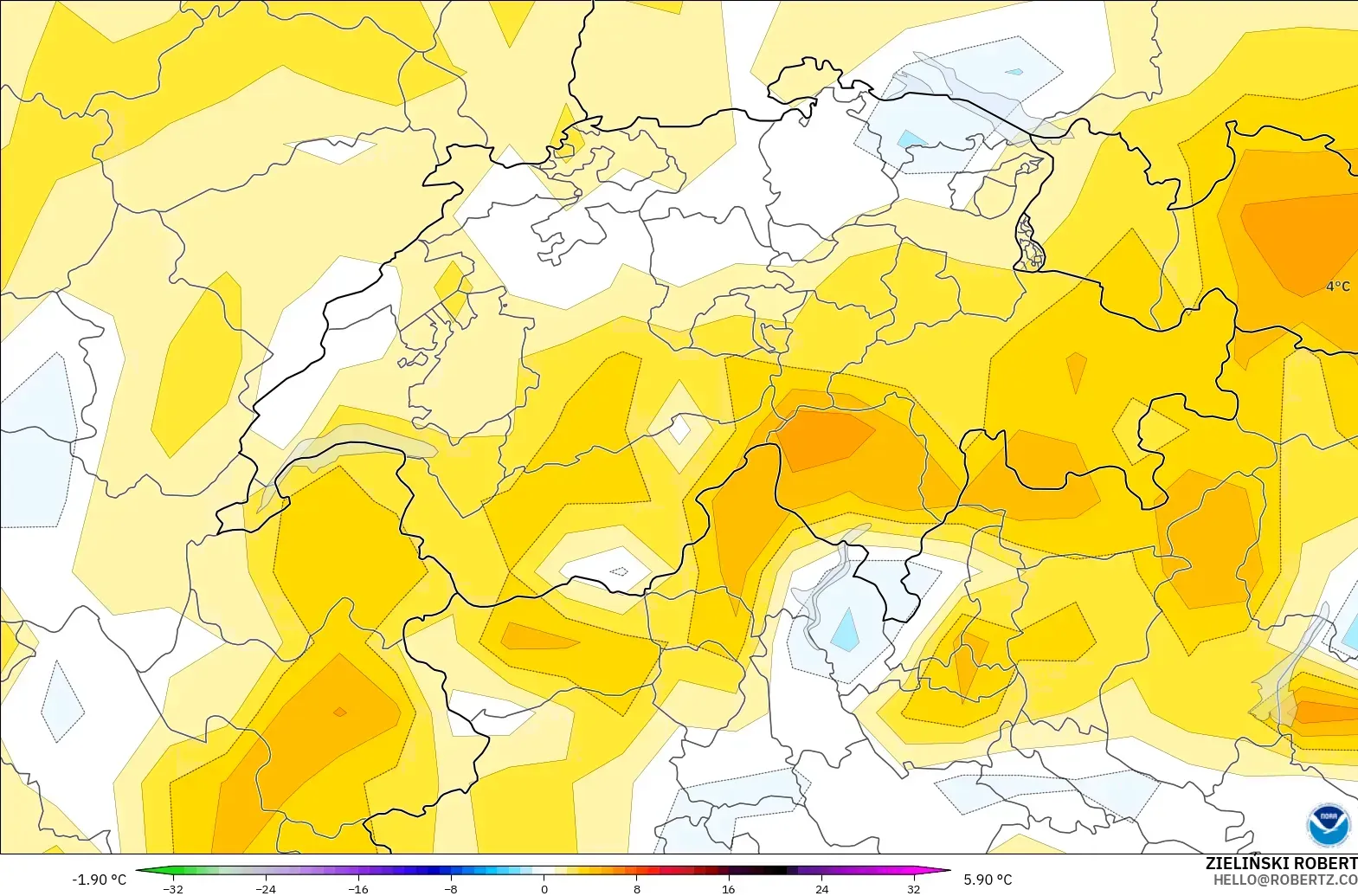 GFS modelo - Suiza, Anomalía de temperatura a 2 m