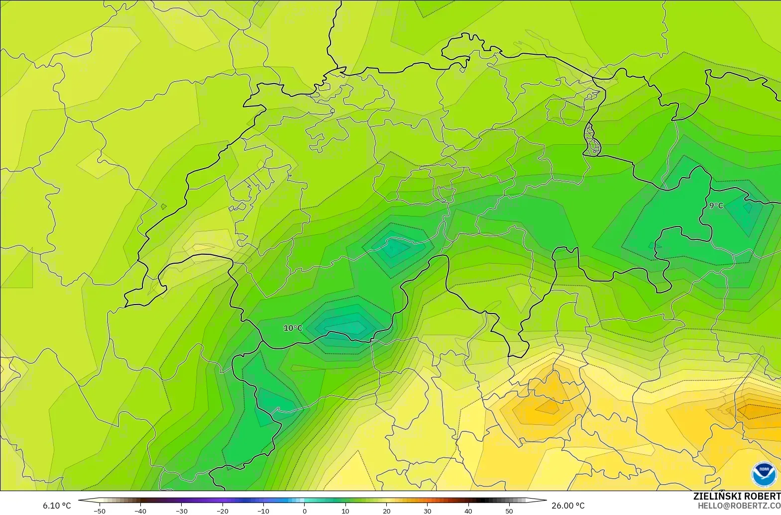 GFS modelo - Suiza, Temperatura a 2 m