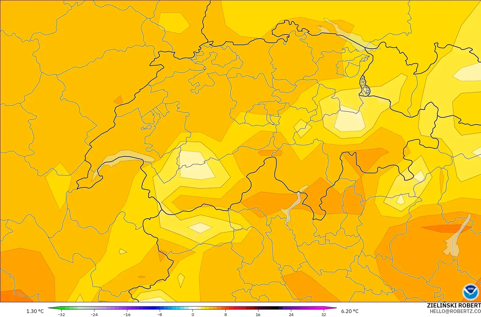 GFS modelo - Suiza, Anomalía de temperatura a 850 hPa