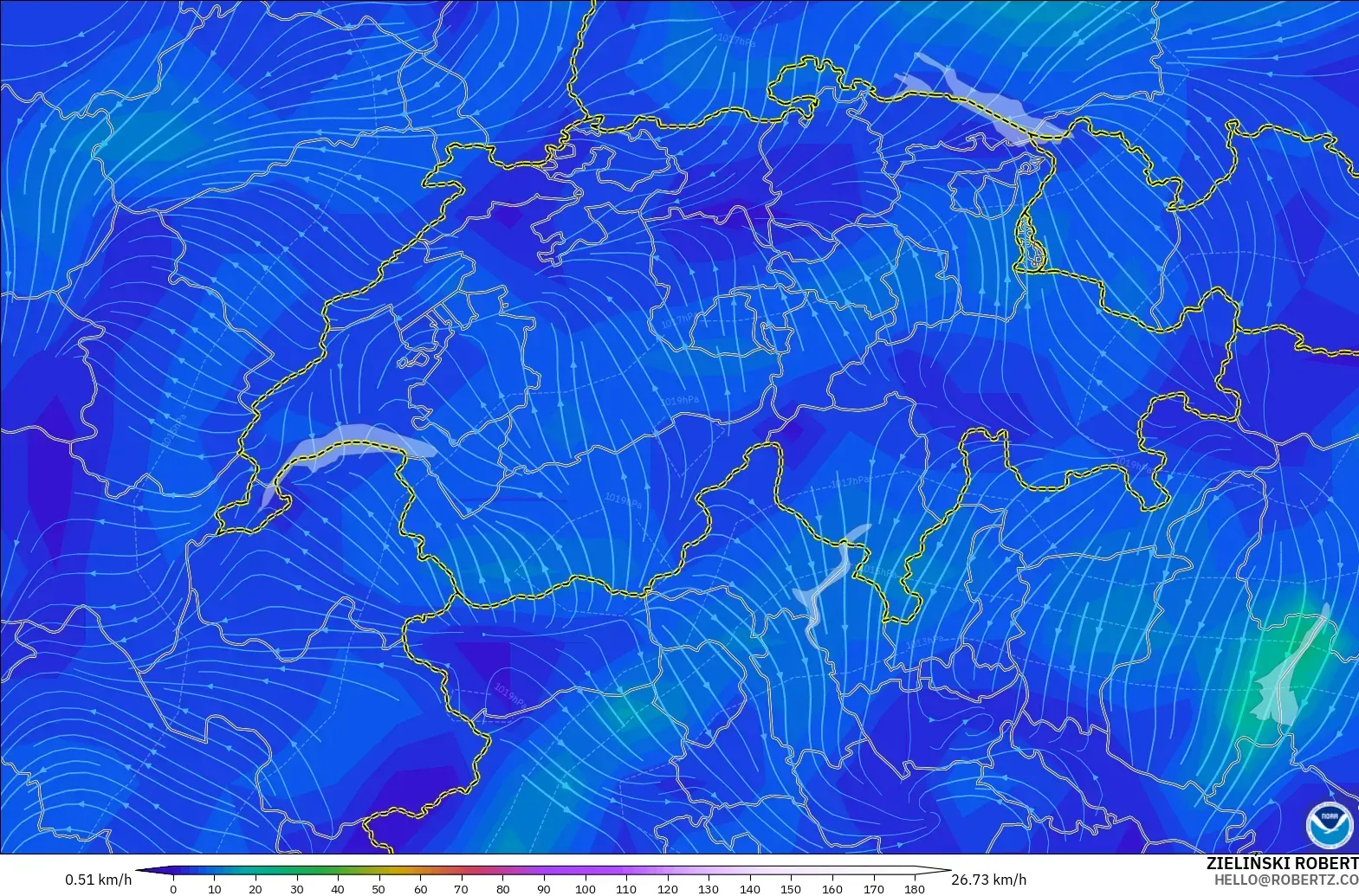 GFS modelo - Suiza, Viento a 10 m