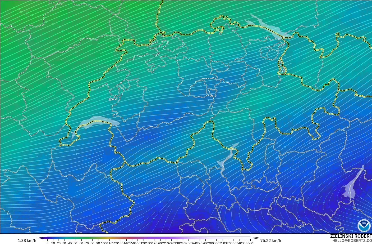 GFS modelo - Suiza, Viento a 300 hPa (corriente en chorro)