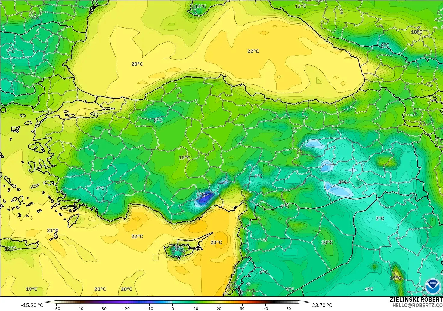 GFS modelo - Turquía, Punto de rocío a 2 m