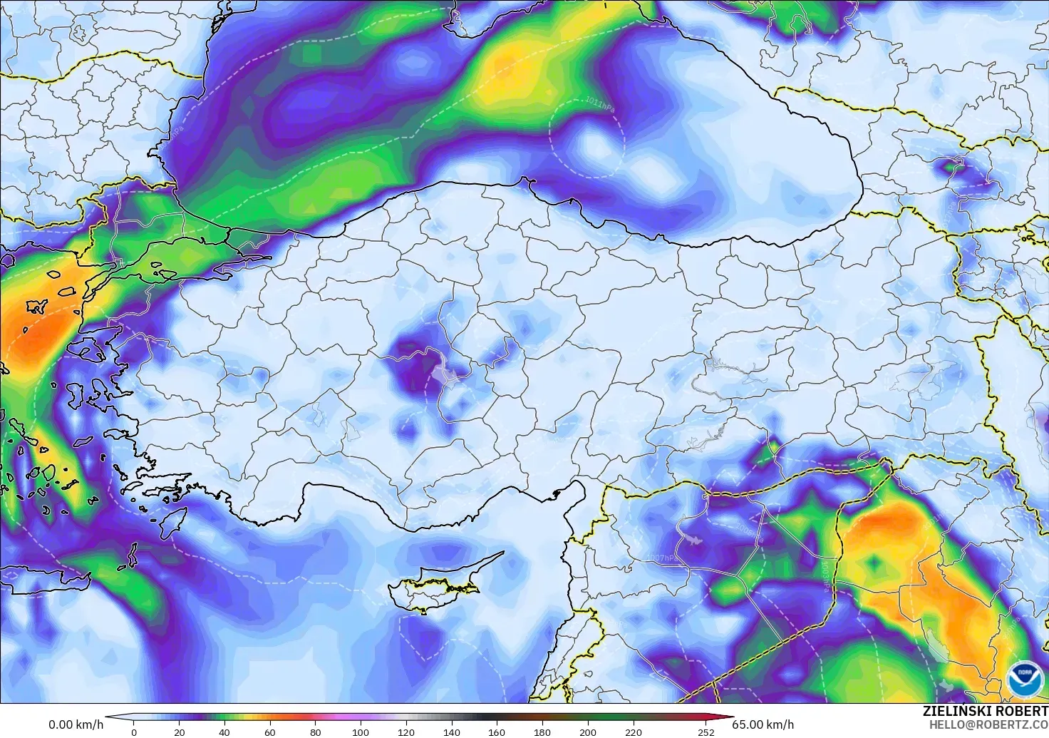 GFS modelo - Turquía, Ráfagas de viento
