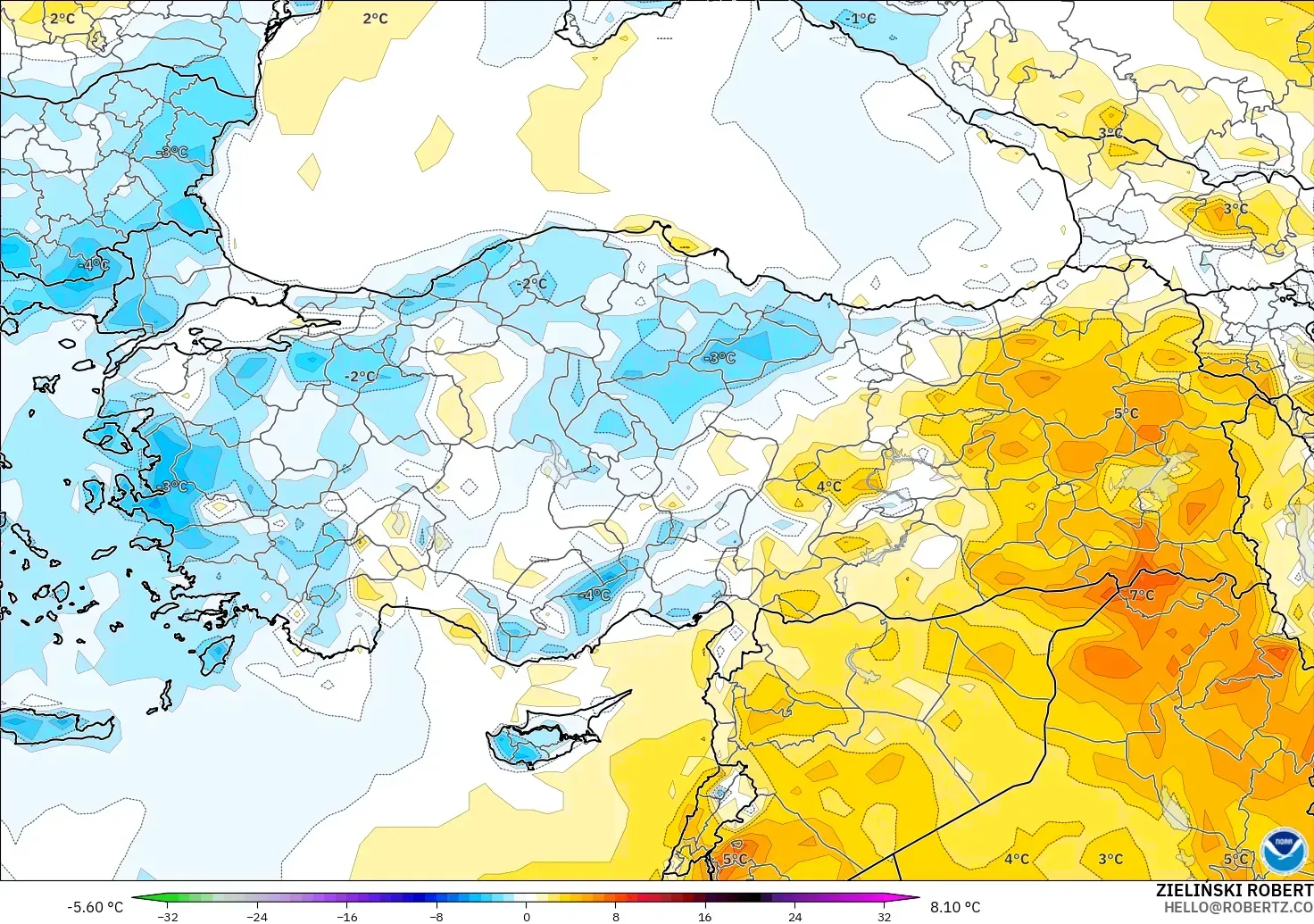 GFS modelo - Turquía, Anomalía de temperatura a 2 m