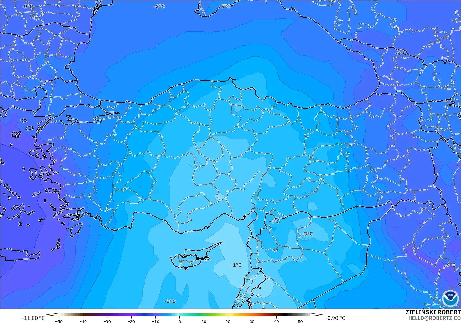 GFS modelo - Turquía, Temperatura a 500 hPa