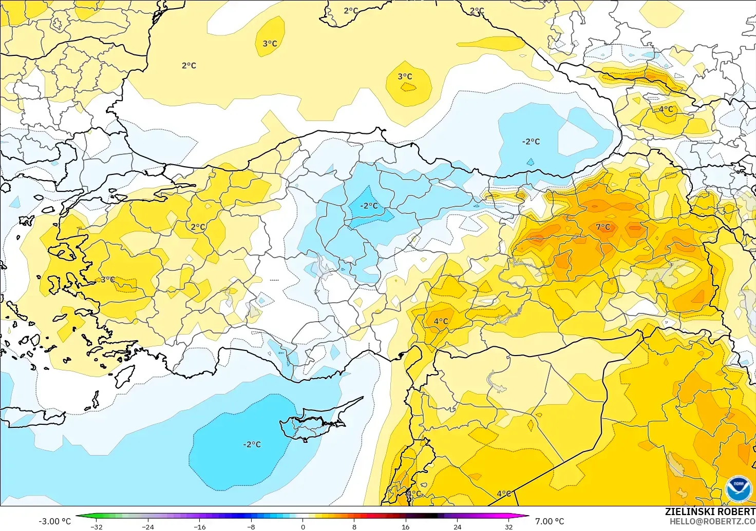 GFS modelo - Turquía, Anomalía de temperatura a 850 hPa