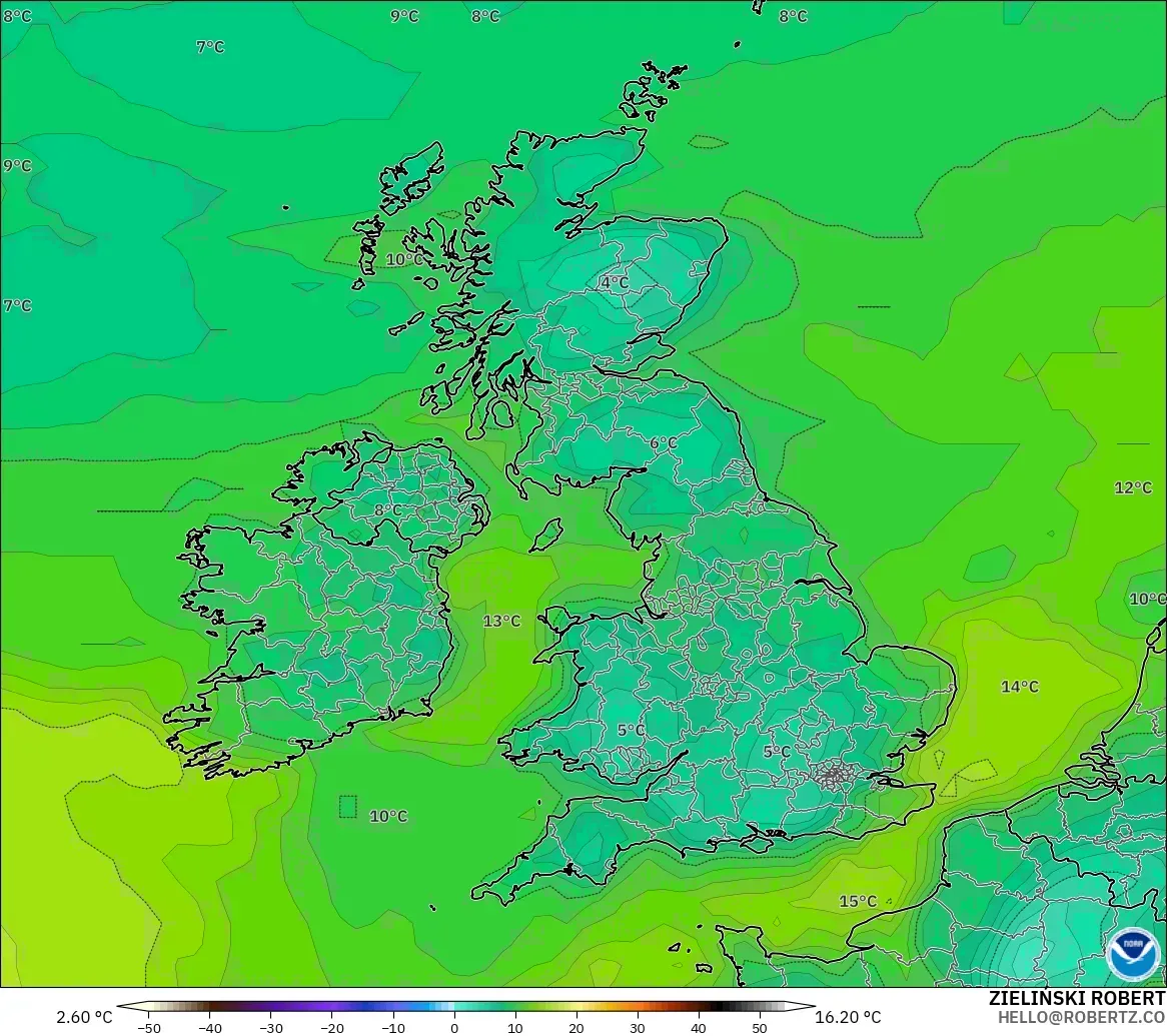 GFS modelo - Reino Unido, Punto de rocío a 2 m