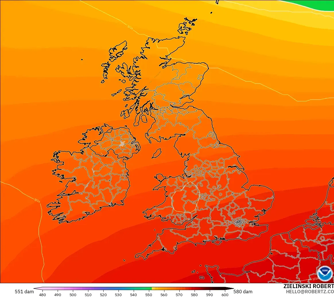 GFS modelo - Reino Unido, Altura geopotencial a 500 hPa