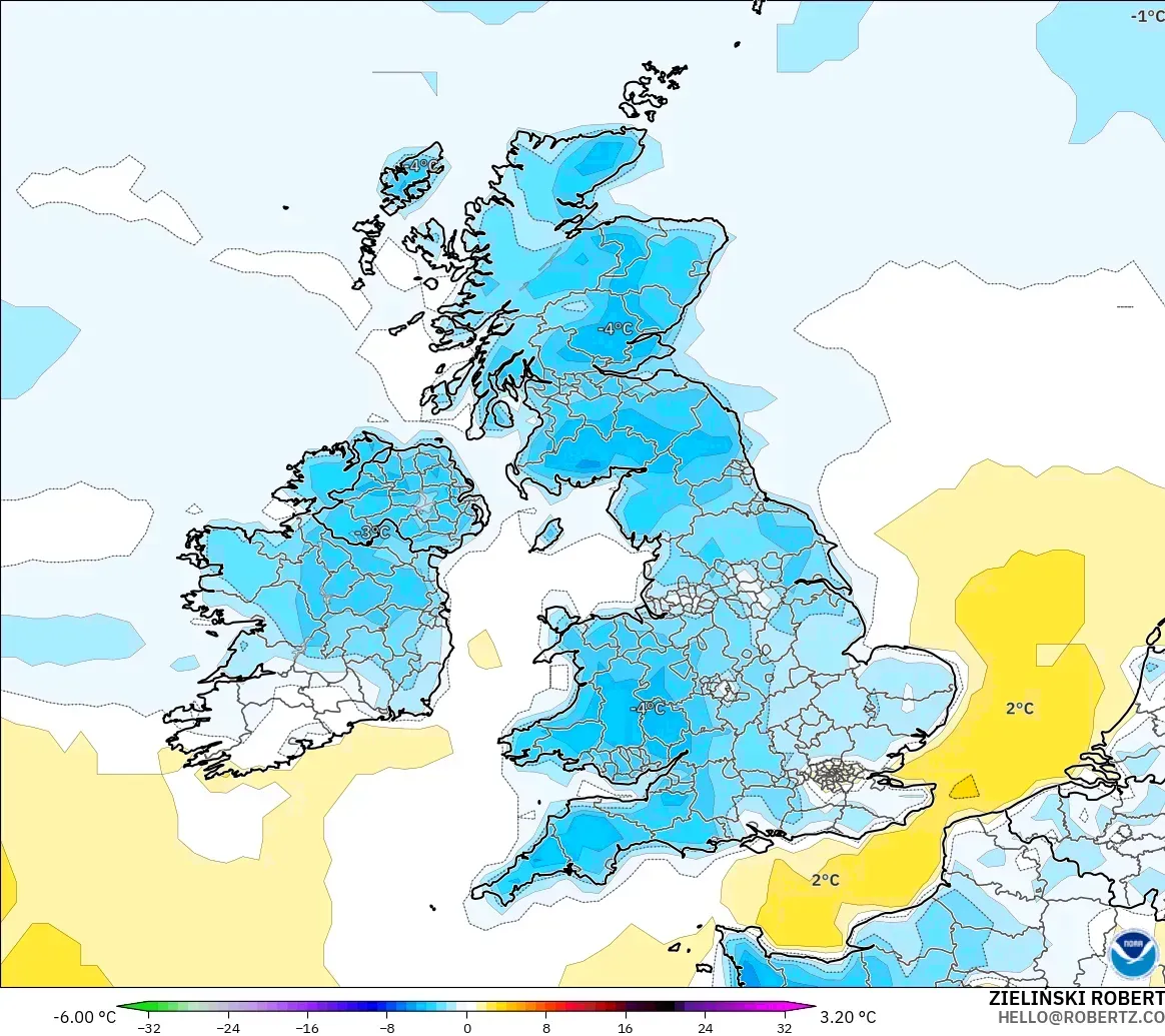 GFS modelo - Reino Unido, Anomalía de temperatura a 2 m