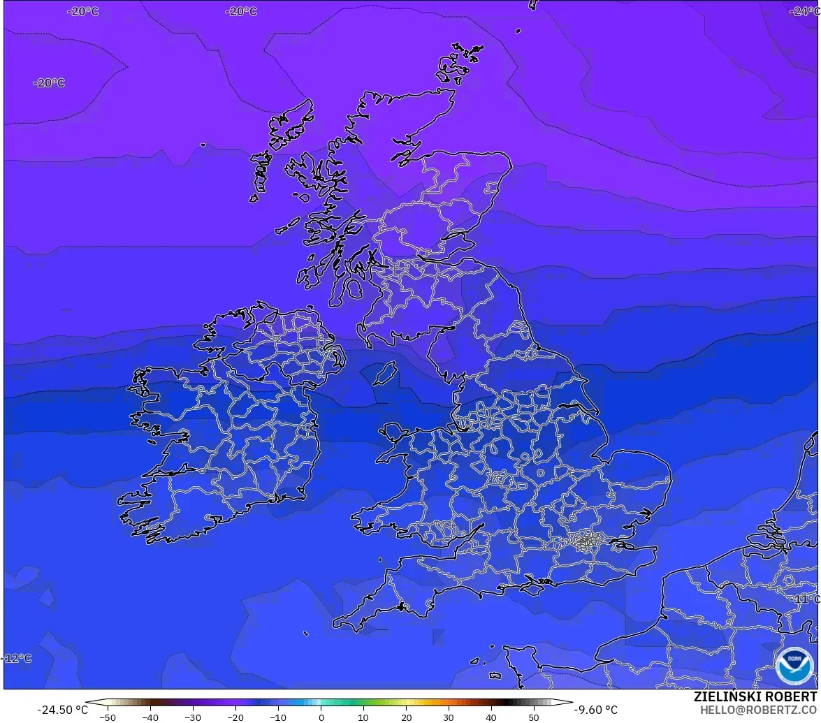 GFS modelo - Reino Unido, Temperatura a 500 hPa